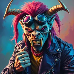 an apocalyptic demonic orcish goblin johnny deep, cool pose, psychedelic vibrant colors, futuristic punk rock fashion, oil painting by michael whelan art, sharp focus, ultra realistic 8 k, biker goggles, 8 0 s hair, studded leather jacket, 8 k