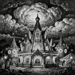 ultra realist soft painting of a curiosities carnival by night, omnious sky, symmetry accurate features, very intricate details, By Tom Bagshaw, black and white, volumetric light clouds