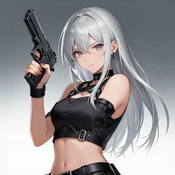 girl silver hair, holding a gun and posing, trending on artstation, illustration by Yoji Shinkawa