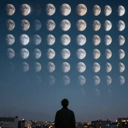 the sky is crowded with many multiple moons. a thousand moons in the sky. focus on the sky. man looking at the moons in the city sky. moons moons moons moons moons moons moons! moon grid. fantasy art by noah bradley, patrick woodroffe, chris rahn. extremely high details, realistic, masterpiece, artstation contest winner