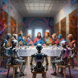 robots sitting at a table in the style of the last supper, sci - fi, detailed, beautiful composition, masterpiece, artstation, vibrant colors, psychedelic, beautiful, sharp focus