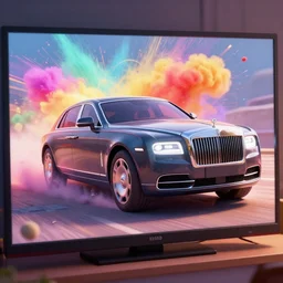 a luxurious car is dramatically breaking out of a tv screen. cute 3 d octane render, elegant, an explosion of colorful powder in the background by pixar on artstation, 8 k