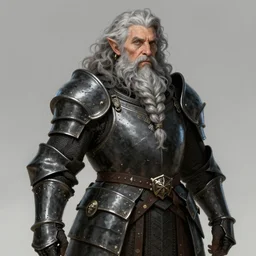 elderly female feminine bearded dwarven heavyset fighter with curly long grey hairstyle, her full beard is long and plaited style, she has wrinkled skin and is wearing full black platemail armor with intricate slight gold trim by rossdraws