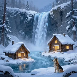 frozen waterfall in winter with a small log cabin with the lights on snow covered mountains and a dog sitting outside, deep focus, d & d, fantasy, intricate, elegant, highly detailed, digital painting, artstation, concept art, matte, sharp focus, illustration, hearthstone, art by artgerm and greg rutkowski