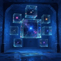 inside an ancient blue brick room with cubes of glass where you can see colorful stars in space through them floating around, digital painting, concept art, cinematic 4 k