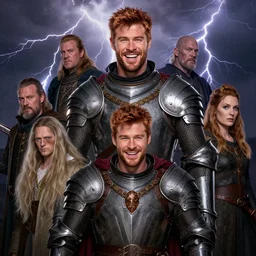 stunning portrait of ( ( ( laughing ) ) ) ( ( ( ( copper haired chris hemsworth ) ) ) ) as destruction from sandman looking like kristofer hivju!!, medival armour!!, by jeremy mann, by frank moth, by jeff easley, by alphonse mucha, dave mckean, thunder & lightning, soft lightning, high detailed, 8 k