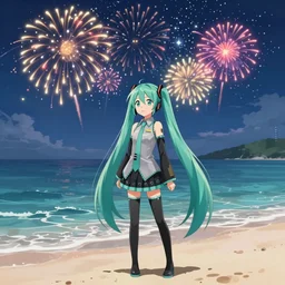 hatsune miku stands on the beautiful ocean beach where fireworks are blooming. the night sky is dotted with stars, beautiful and colorful. it is an animation illustration, pixiv, drawn by rela