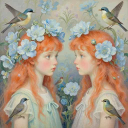 breathtaking detailed concept art painting portrait in pastel colors of girls looks each other by hsiao - ron cheng with light blue flowers and birds in carroty hair, weird background with bizarre compositions blend of flowers and birds by john james audubon, exquisite detail, 8 k
