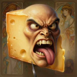 angry block of cheese, forked tongue, volumetric lights, intricate, intense detail, digital painting, artstation, concept art, soft focus, cinematic, illustration, ugly face, style of h. r. giger, greg rutkowski, alphonse mucha, kentaro miura, 4 k