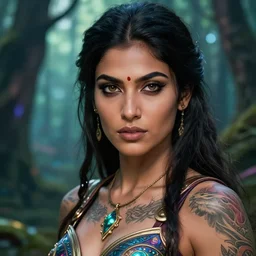 a tattooed indian female warrior wearing a magical leotard in a magical forest, hyper realistic face, beautiful eyes, beautiful detailed eyes, fantasy art, in the style of greg rutkowski, illustration, epic, fantasy, intricate, hyper detailed, artstation, concept art, smooth, sharp focus, vibrant