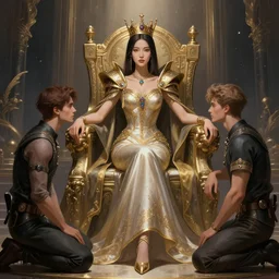 a young asian woman with shoulder length hair and strong facial bone structure, queen and ruler of the universe, sitting on her throne, young handsome caucasian men kneeling at her feet, digital painting, highly detailed, intricate, elegant, trending on artstation, art by wlop