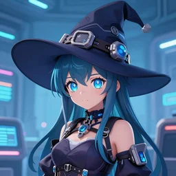 a cute anime character wearing a a cyberpunk wizzard hat, she is in a blue room. in the style of ilya kuvshinov. trending on artstation. 4 k. realistic. detailed. line art.
