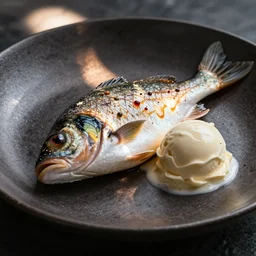 high resolution photo of fish with ice cream, michelin star, very tasty, food photography, instagram, trending