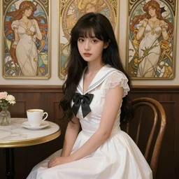 beautiful detailed sailor moon aesthetic, beautiful detailed fantasy, beautiful detailed intricate, beautiful detailed elegant, highly detailed, beautiful detailed digital painting, artstation, beautiful detailed concept art, matte, sharp focus, beautiful detailed illustration, a beautiful girl with long dark hair and bangs, wearing a white dress, sitting alone in a cafe,  highly detailed art by Artgerm and Greg Rutkowski and Alphonse Mucha