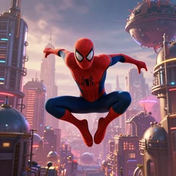 a film still from spiderman into the spiderverse by alberto mielgo, an industrial planet city, vibrant, 5 0 mm lens, video game character and environment design, behance hd, studio, urban patrol, evening, dramatic lighting, cinematic, global illumination, trending on artstation, bloom