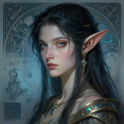 portrait of jewel elf oracle physically accurate, moody dynamic lighting, very very intricate, very very elegant, highly detailed, concept art, smooth, very beautiful, sharp focus, illustration, art by artgerm and greg rutkowski and alphonse mucha digital painting, artstation, in the style of Rob Lefield and Dan Mumford , trending on artstation, digital art,surrealism ,macro,blueprint ,vaporwave ,