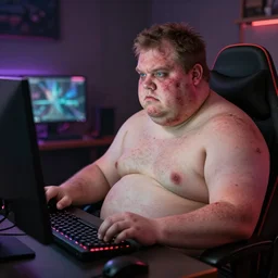 gorgeous view of an ugly fat computer gamer with pimples and diseases all over its skin.