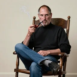 a man who looks similar to steve jobs smoking tea leaves in a brown mahogany wood pipe, sitting in a rocking chair, legs crossed, looking directly at the viewer, art by rupi kaur