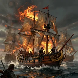 epic naval battle, pirate galleons. by artstation trending, by joseph mallord william turner, luis royo, konstantin razumov, cinematic lighting, fractal flame, highly detailed