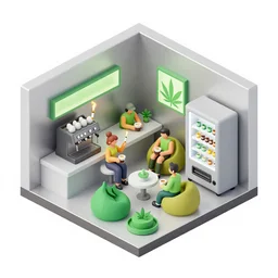 isometric cartoon recreational cannabis cafe building interior axonometric espresso machine, aluminum sheen, people drink coffee and people smoke cannabis cigarettes, cannabis vending machines, beanbags, 4 cannabis pots, by benoit mandelbrot, low poly cute minimal concept art illustrated by anni albers