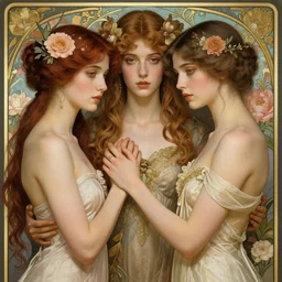 epic portrait of the most beautiful women holding each other, surrounded by soft florals, concept art, art nouveau style, tarot card, high detail, realistic anatomy, beautiful