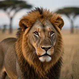 a full head portrait, detailed photograph of real lion head dwarf in savana, beautiful low light, savana background, volumetric evening lights, photorealism, hasselblade shot, 4 5 mm, by franz lanting