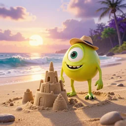 3 d render, of anthropomorphic lemon character looks like a monster from the movie وmonsters inc, with lemon skin texture, he is wearing a hat, building a sandcastle on the beach at sunset, beach, huge waves, sun, clouds, long violet and green trees, rim light, cinematic photography, professional, sand, sandcastle, volumetric lightening