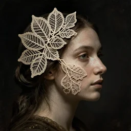 a woman's face in profile, made of intricate decorative lace leaves, in the style of the dutch masters and gregory crewdson, dark and moody