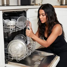 kim kardashian fixing a dishwasher in a dirty kitchen, photorealist, ultra hd