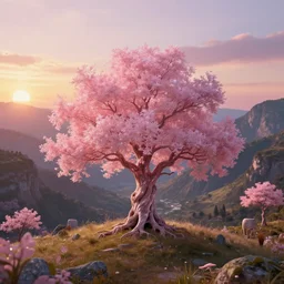 an enchanted shimmering pink tree in the middle of a stunning valley during sunset, golden hour, by daniel conway, greg rutkowski and andreas rocha, highly detailed, soft illumination, high fantasy, concept art, trending on artstation, sharp focus, hasselbrad photography, beautiful digital art