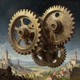 giant interlocked gears cogs, giant mechanisms floating in space, industry, villages castles, buildings vista artstation illustration sharp focus vista painted by ruan jia raymond swanland lawrence alma tadema zdzislaw beksinski norman rockwell tom lovell alex malveda greg staples
