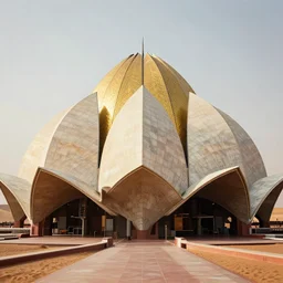 interior of an art deco lotus temple with gold, red and white marble panels, in the desert, by buckminster fuller and syd mead, intricate contemporary architecture, photo journalism, photography, cinematic, national geographic photoshoot