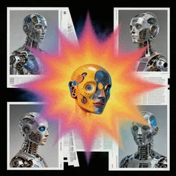 collage, human vs machines, gradient explosion textures, futuristic retro, moebius and mohrbacher, magazine layout