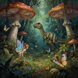 a whimsical painting of fairies and butterflies with iridescent wings in a jurassic garden world with dinosaurs. giant mushrooms. dark atmosphere. high contrast. pulp - science fiction art. fantasy art. highly detailed. 4 k. trending on artstation