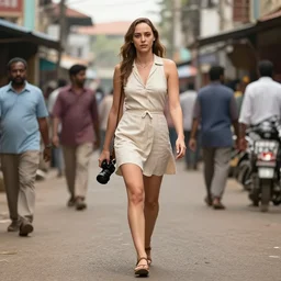 gal gadot walking in the steets of a calicut, cinematic, ultra realistic, soft colors, volumetric lighting, hdr, shot on sony camera