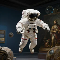 astronaut in museum 1 9 9 0 flying arround, painting, rennaisance, cinematic lighting