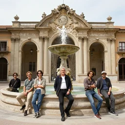 facility portrait, all subjects posing around a fountain baroque style 1 6 5 6 inspired by diego velasquez 2 2 ft distance