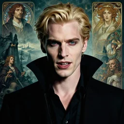 realistic detailed portrait movie shot of an elegant blond male vampire, sci fi landscape background by denis villeneuve, amano, yves tanguy, alphonse mucha, max ernst, caravaggio, roger dean, masterpiece, rich cold moody colours, dog teeth, blue eyes