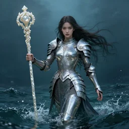 fantasy woman with armor emerging from the sea holding a staff made with mother-of-pearl, by Artgerm