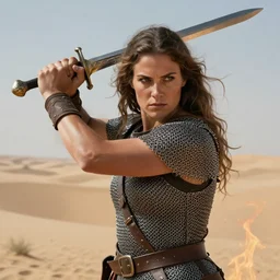 big and strong barbarian woman wielding a sword, in the desert, wearing chainmail armor, by jeff easley and artemisia gentileschi, ultrarealistic, highly detailed face, soft lighing, spellfire, sharp focus, cinematic lighting, artstation, powerful presence