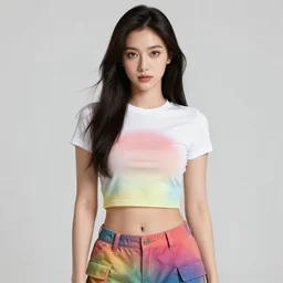 a award winning half body portrait of a beautiful woman with stunning eyes in a printed croptop and cargo pants with rainbow colored ombre hairstyle head in motion and hair flying by josan gonzales, outrun, vaporware, shaded flat illustration, digital art, trending on artstation, highly detailed, fine detail, intricate