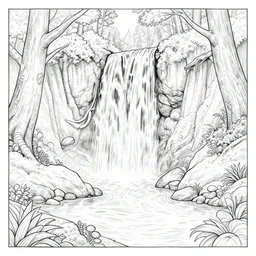 an adult coloring page of a waterfall in the enchanted forest
