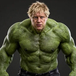 Boris Johnson with hulk's body, realistic artstyle, wide shot, dramatic lighting, octane render, hyperrealistic, high quality, highly detailed, HD, beautiful, cinematic, 8k, unreal engine, facial accuracy, symmetrical