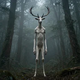 an old photo of an incredibly tall thin pale bipedal creature with antlers deep in a dark foggy forest