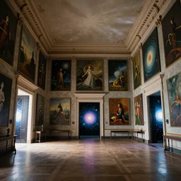 giant mansion room with walls filled with modern art paintings, doors that are cosmic portals, photo by Annie Leibovitz
