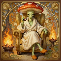 mushroom alien sitting in a recliner by the fire smoking a pipe and wearing a soft robe and slippers, symmetrical, elegant intricate digital painting, trending on artstation, by artgerm and greg rutkowski and alphonse mucha