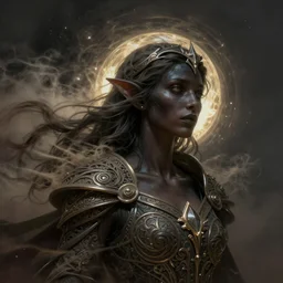 dusty wind blowing!!!, orbs of light dark skin drow, dreaming of the void! cinematic volumetric lights, bust portrait, dnd, fantasy, intricate, elegant, highly detailed, digital painting, artstation, concept art, smooth, sharp focus, illustration, art by artgerm and tom bagshaw and greg rutkowski and alphonse mucha