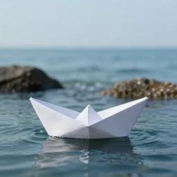 A paper boat in the middle of the Ocean, slightly showing some rocks behind it, realistic