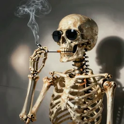 photo of a skeleton with sunglasses smoking a cigarette