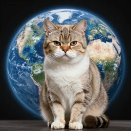 A grumpy cat sitting over planet earth